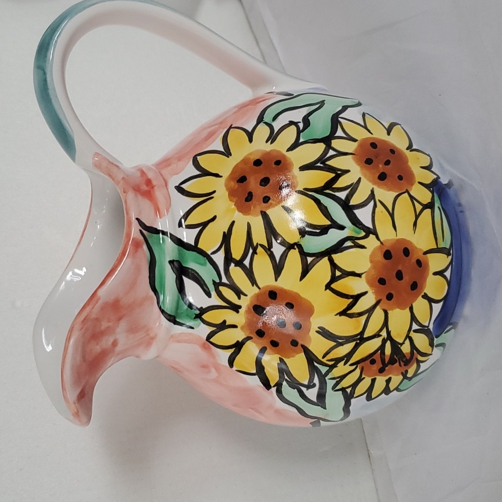 Hand Painted Sunflower Pitcher Portugal Neuwirth Brand Artist Signed 6-7"
